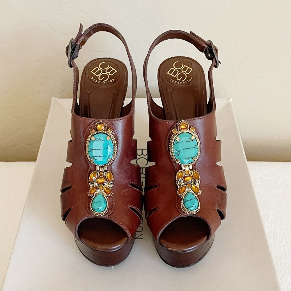 New BCBGeneration Sandals Drama Brown Turquoise Bead Stone Platform Wedge Sz 6 - Picture 7 of 13